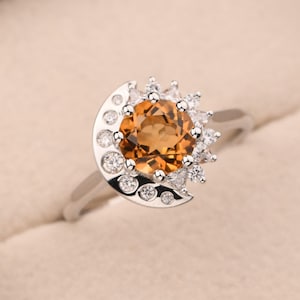 Round shaped 1.25 CT citrine ring, sterling silver,sun and moon engagement ring,November birthstone
