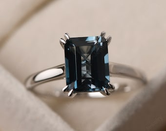 Emerald cut November birthstone ring, sterling silver, minimalist London blue topaz engagement ring
