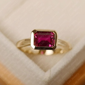 Lab ruby ring, emerald cut, July birthstone, solitaire ring, yello gold, engagement ring for women