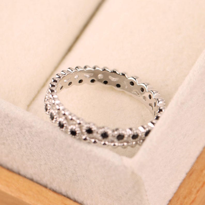 Vintage wedding band ring,sterling silver thin stacking ring,unique black spinel beaded band ring image 3