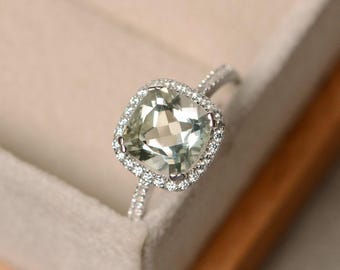 Green amethyst wedding ring, cushion cut, solid sterling silver, handmade halo ring, anniversary gifts for women