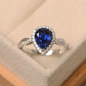Blue sapphire ring, white gold engagement ring ,pear cut September birthstone ring,