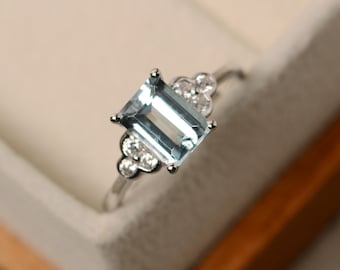 Aquamarine ring, March birthstone ring, emerald cut aquamarine, sterling silver, promise ring