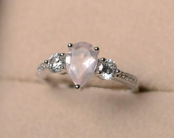 Natural pink quartz ring, promise ring, pear cut gemstone, gemstone ring, sterling silver ring, three stones ring