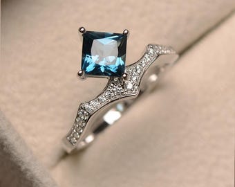 London blue topaz ring, promise rings, princess cut blue gems, silver rings, Kite set ring