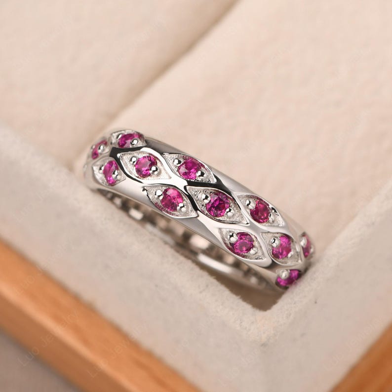 Eternity robijnrode statementring voor mannen, sterlingzilveren stapelring, geboortesteenring juli afbeelding 2