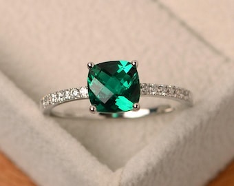 Emerald ring, emerald engagement ring, sterling silver, anniversary ring, cushion cut,May birthstone