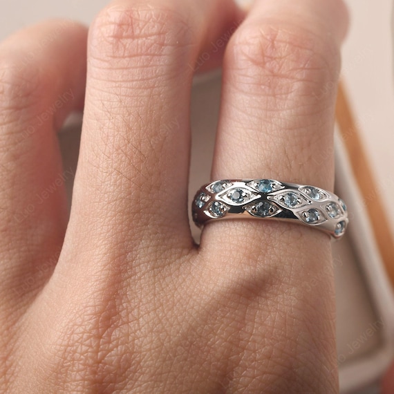 Pave wedding band for men,London blue topaz eternity wedding ring,silver  thick band ring