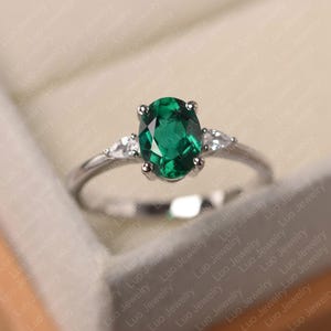 Green emerald engagement ring, oval cut May birthstone , sterling silver wedding ring for women