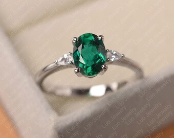 Green emerald engagement ring, oval cut May birthstone , sterling silver wedding ring for women