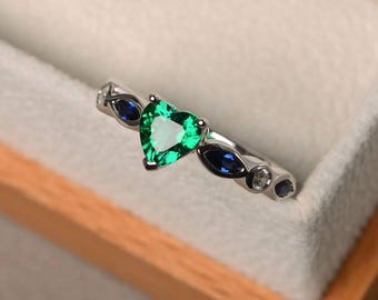 emerald rings, sterling silver, heart cut, sapphire emerald ring, vintage engagement ring, May birthstone