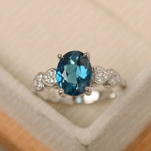 London blue topaz ring, white gold, engagement ring, oval cut, blue stone ring