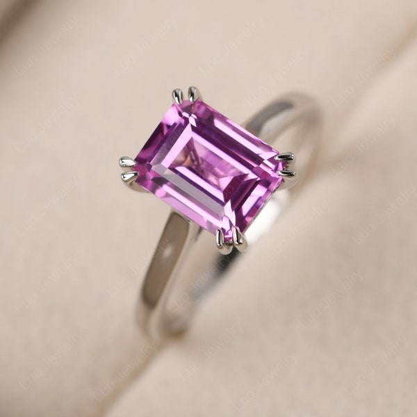 Simple pink sapphire statement ring, emerald cut, minimalist anniversary ring