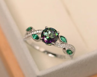 Mystic topaz ring, round shaped rainbow topaz, branch with leaves, twig engagement ring