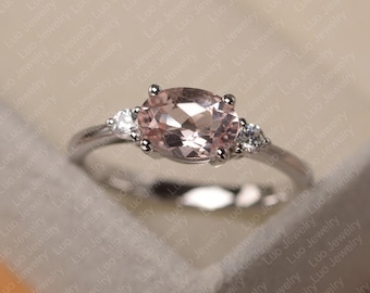 Genuine morganite ring, white gold engagement ring for women, oval cut pink stone ring
