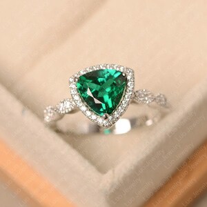 Emerald ring, trillion cut, May birthstone wedding engagement ring, green gemstone ring