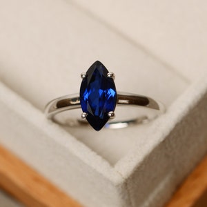 Marquise cut sapphire ring, simple engagement ring, plain band solitaire ring, September birhtstone