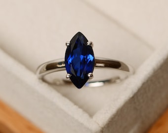 Marquise cut sapphire ring, simple engagement ring, plain band solitaire ring, September birhtstone