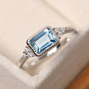 Genuine 1.25 carat Swiss blue topaz bridal ring, sterling silver, emerald cut November birthstone ring