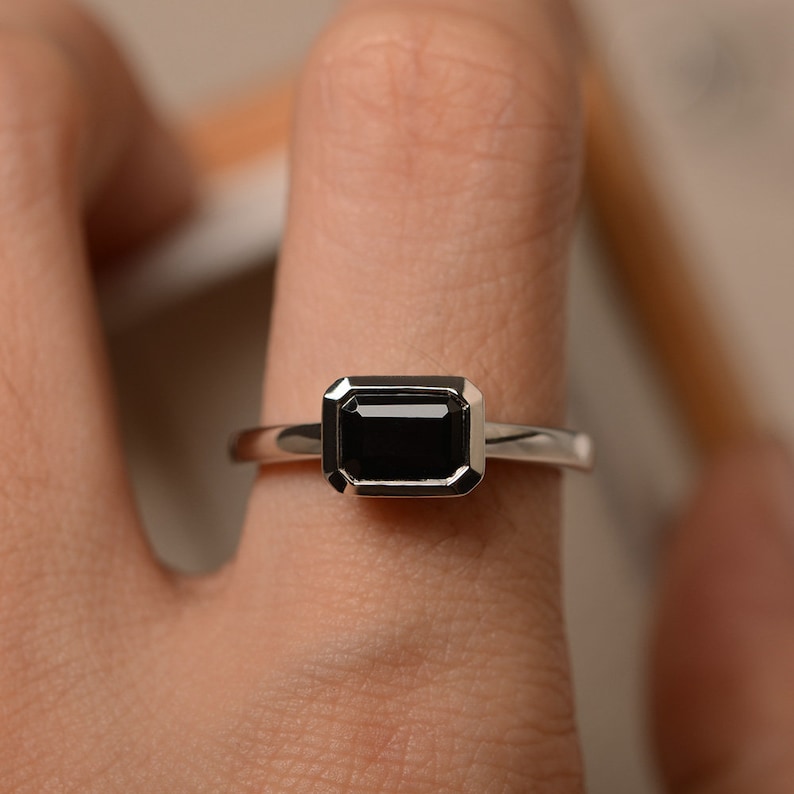 emerald cut solitaire ring Black spinel ring east west ring sterling silver black gemstone ring