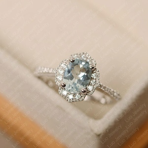 Aquamarine ring, sterling silver, engagement ring for women, oval cut, March birthstone ring