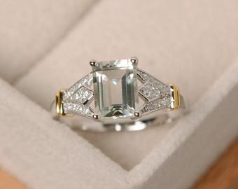 Ring groene amethist, smaragd geslepen kwarts, geelgoud, edelsteen, verlovingsring