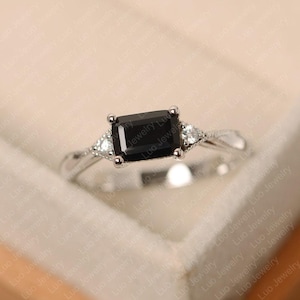 black spinel ring, emerald cut, black stone ring, sterling silver, wedding ring for women