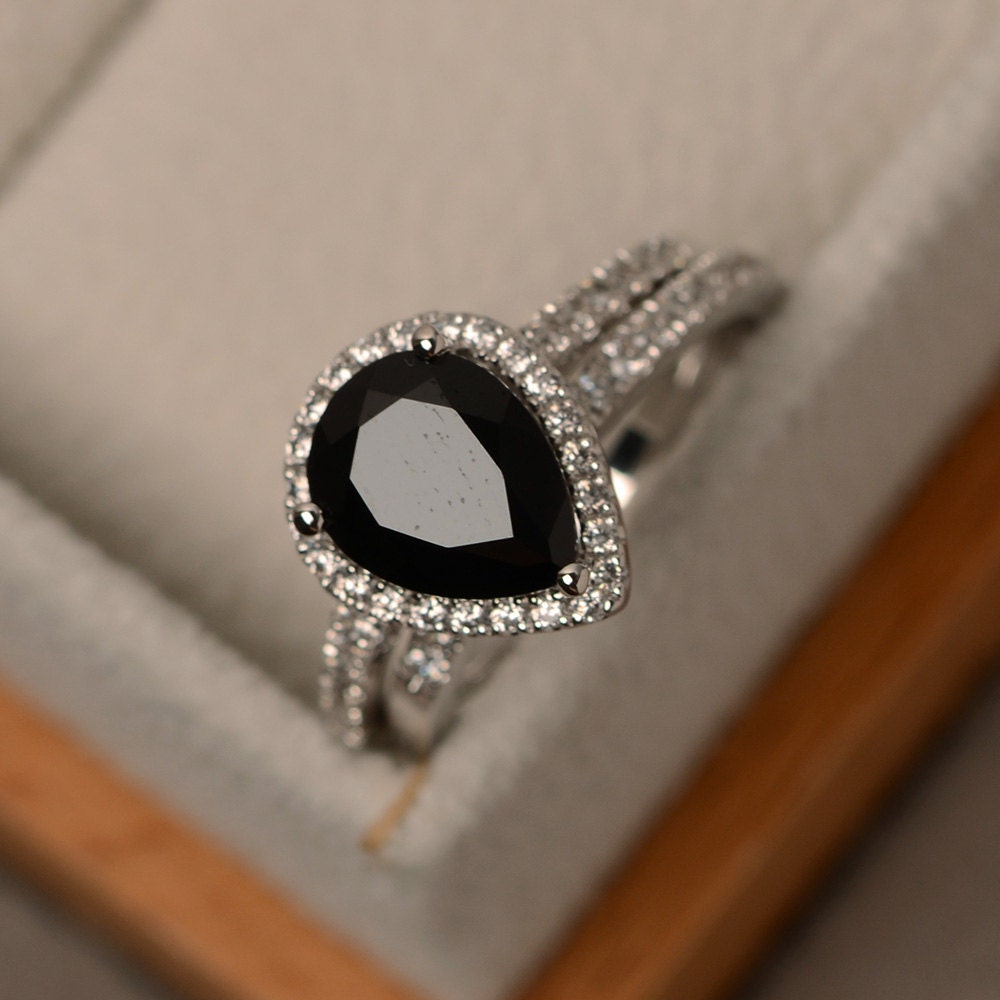Natural Black Spinel Bridal Set Sterling Silver Pear Shaped Etsy