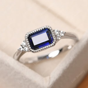 Delicate sapphire anniversary ring, 14k white gold, emerald cut milgrain ring, September birthstone