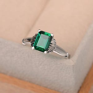 May birthstone,lab emerald ring,emerald cut,solitaire ring,anniversary ring,green gemstone ring,silver ring