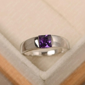 Amethyst ring, sterling silver, solitaire engagement ring, princess cut, February birthstone ring