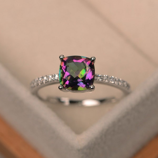 Mystic topaz ring, engagement ring, rainbow topaz, cushion cut, gemstone ring, sterling silver