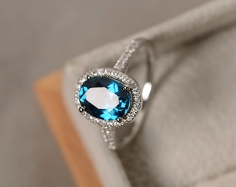 Genuine London blue topaz ring, oval cut, sterling silver, halo ring, unique statement ring, November birthstone