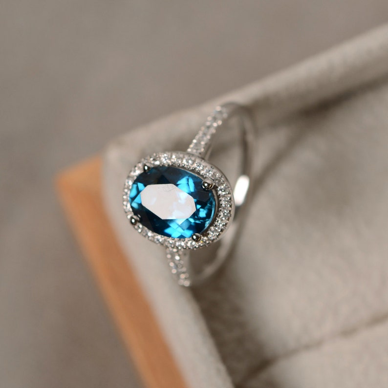 Genuine London blue topaz ring, oval cut, sterling silver, halo ring, unique statement ring, November birthstone 