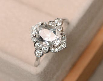 Natural white topaz ring, oval cut, sterling silver, Novmber birthstone, mother's day gifts