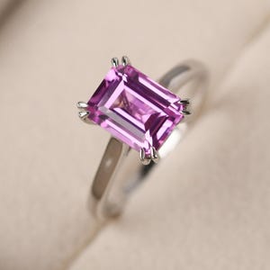 Simple pink sapphire statement ring, emerald cut, minimalist anniversary ring