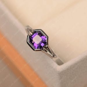 Amethyst ring, asscher cut, sterling silver, unique wedding ring, February birthstone