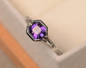 Amethyst ring, asscher cut, sterling silver, unique wedding ring, February birthstone