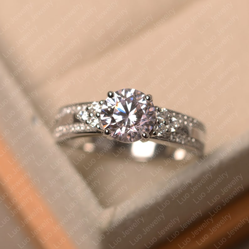 pink gemstone ring CZ ring round cut sterling silver wedding ring