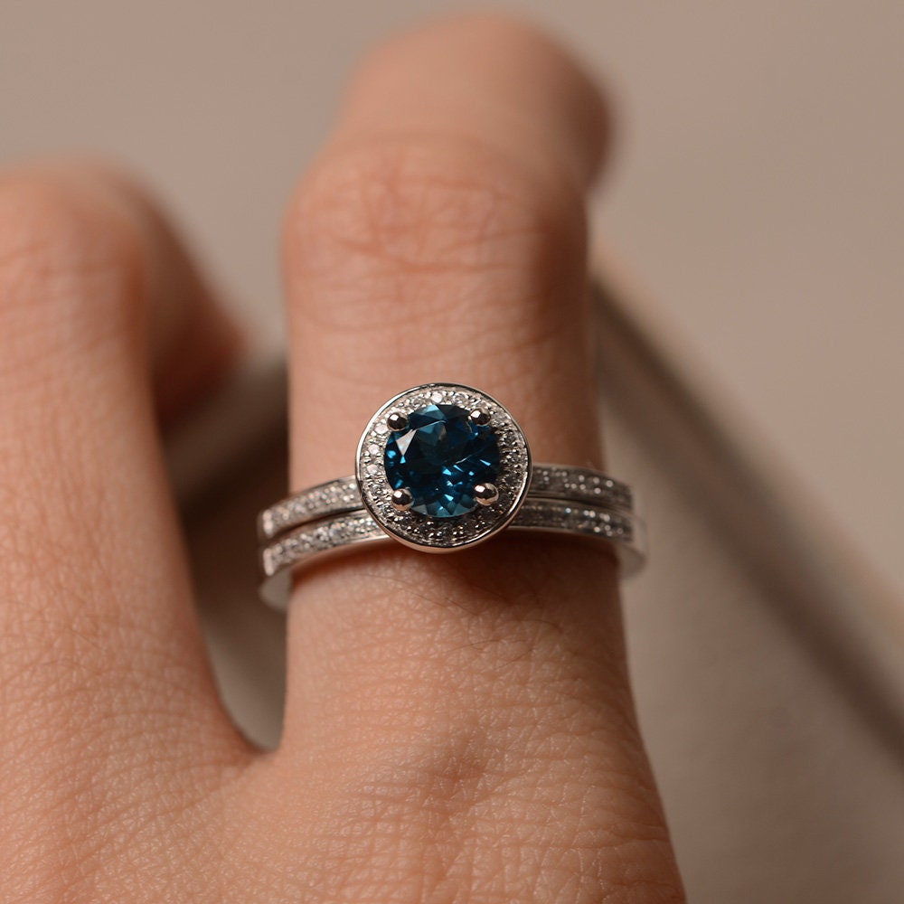 London Blue Topaz Ring, Engagement Ring With a Band, Round Cut Blue ...