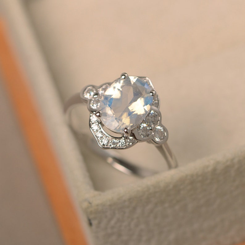 halo ring oval cut rings faceted moonstone ring Natural blue moonstone ring June birthstone