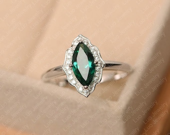 Green emerald ring, May birthstone, marquise cut, sterling sivler, engagement ring for women