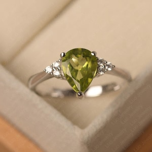 Tear drop shaped, natural peridot anniversary ring, solid sterling silver, August birthstone ring