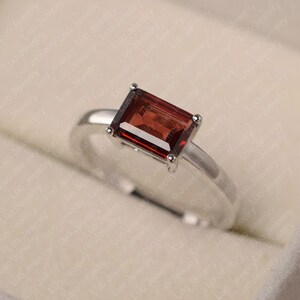 Red garnet ring, white gold, solitaire engagement ring for women, emerald cut January birthstone ring