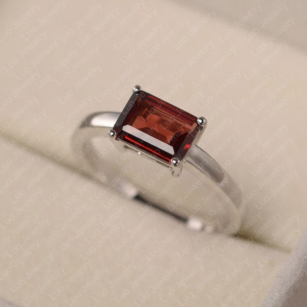 Red garnet ring, white gold, solitaire engagement ring for women, emerald cut January birthstone ring