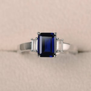 Engagement ring, sapphire ring, emerald cut blue gemstone, September birthstone, sterling silver ring