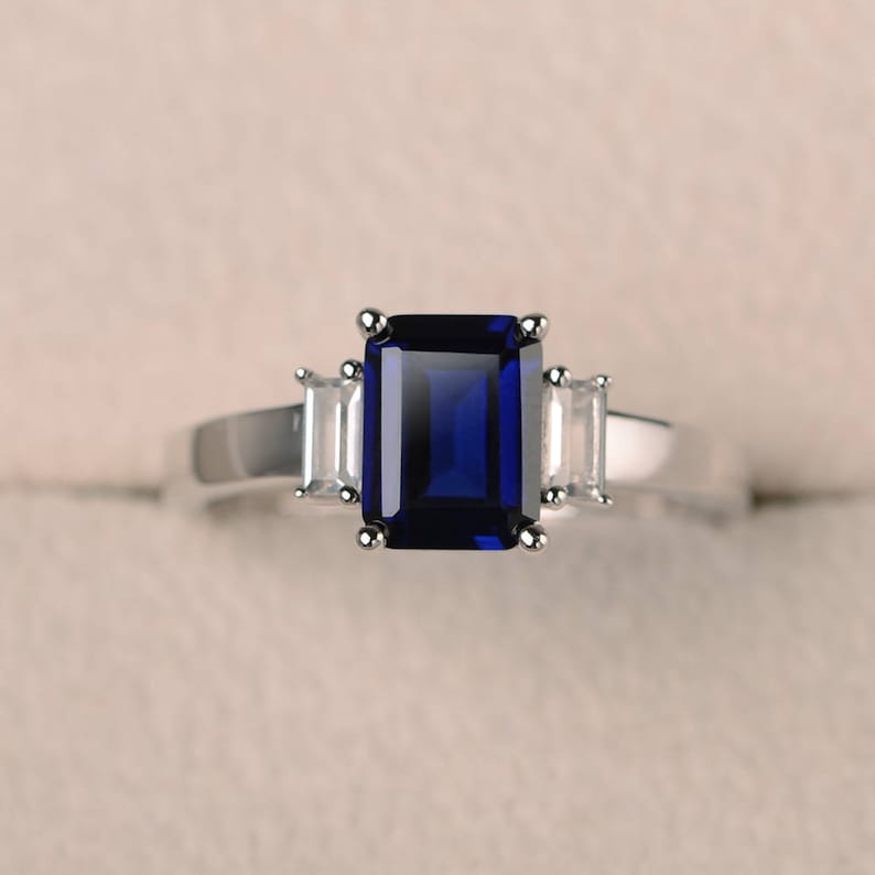 Engagement Ring Sapphire Ring Emerald Cut Blue Gemstone - Etsy