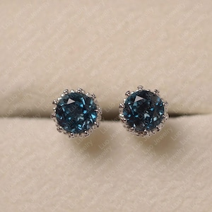 London blue earrings, crown earrings, stud earrings, round cut, sterling silver, solitaire earrings