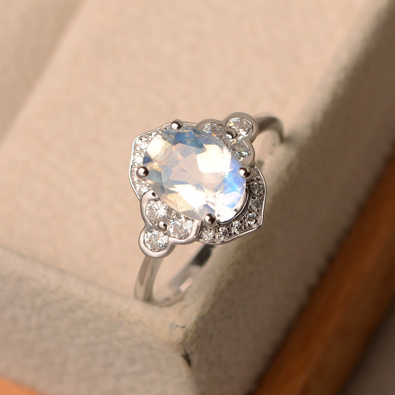 halo ring oval cut rings faceted moonstone ring Natural blue moonstone ring June birthstone
