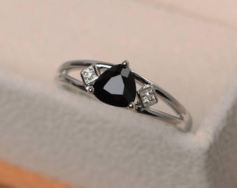 Natural black spinel ring, anniversary ring, three stones ring, trillion cut black gemstone, sterling silver ring